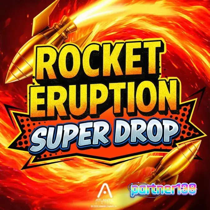 Tampilan antarmuka permainan slot Rocket Eruption Super Drop dengan tema gunung berapi
